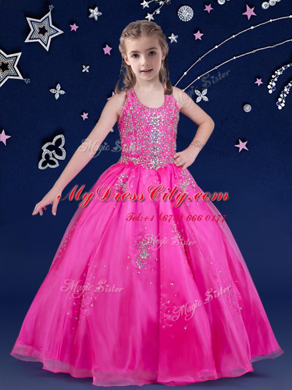 Enchanting Scoop Floor Length Fuchsia Little Girl Pageant Gowns Organza Sleeveless Beading