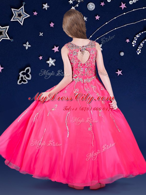 Hot Pink A-line Scoop Sleeveless Organza Floor Length Zipper Beading Pageant Dress for Teens