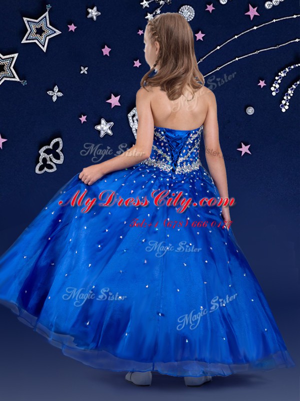 Halter Top Floor Length Ball Gowns Sleeveless Royal Blue Pageant Dress Womens Lace Up