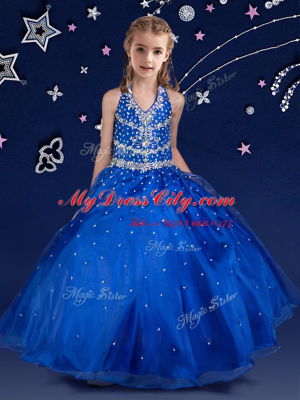 Halter Top Floor Length Ball Gowns Sleeveless Royal Blue Pageant Dress Womens Lace Up