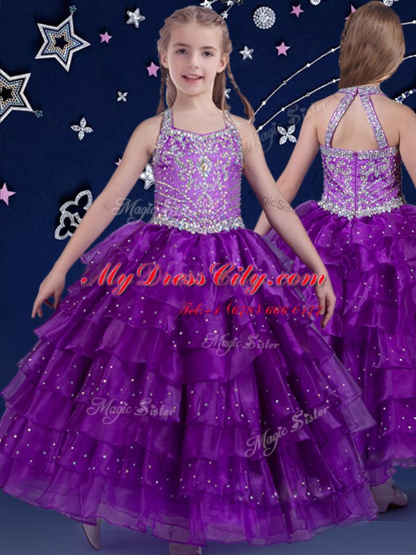 Halter Top Eggplant Purple Ball Gowns Beading and Ruffled Layers Pageant Dress Zipper Organza Sleeveless Floor Length