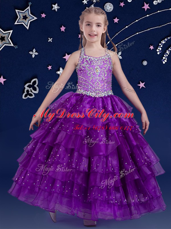 Halter Top Eggplant Purple Ball Gowns Beading and Ruffled Layers Pageant Dress Zipper Organza Sleeveless Floor Length