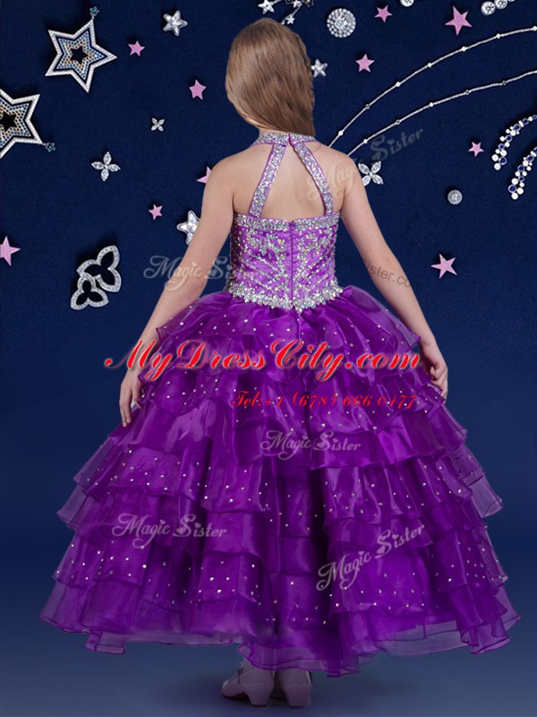 Halter Top Eggplant Purple Ball Gowns Beading and Ruffled Layers Pageant Dress Zipper Organza Sleeveless Floor Length