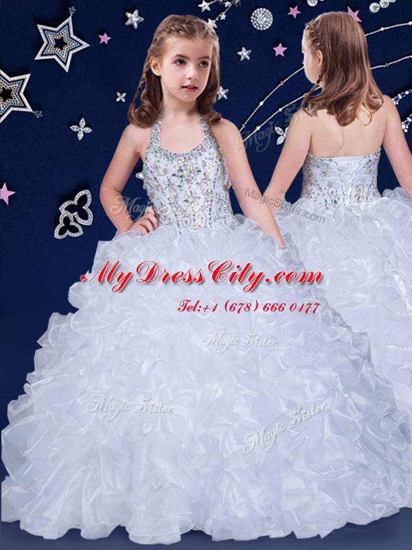 Halter Top Sleeveless Lace Up Pageant Dress for Girls White Organza