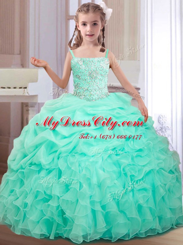 Best Apple Green Ball Gowns Organza Straps Sleeveless Beading and Ruffles and Pick Ups Floor Length Lace Up Winning Pageant Gowns