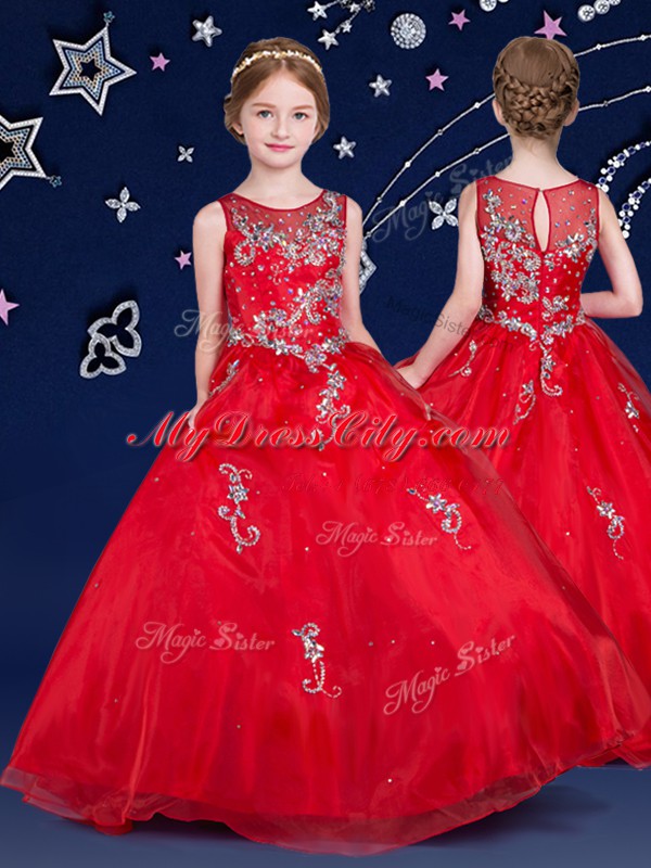 Customized Scoop Red Organza Zipper Child Pageant Dress Sleeveless Floor Length Beading and Appliques