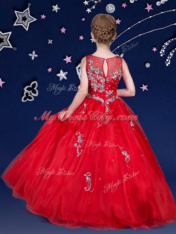 Customized Scoop Red Organza Zipper Child Pageant Dress Sleeveless Floor Length Beading and Appliques