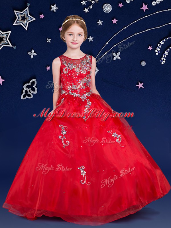 Customized Scoop Red Organza Zipper Child Pageant Dress Sleeveless Floor Length Beading and Appliques