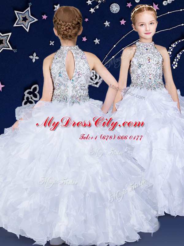 Halter Top White Sleeveless Organza Zipper Little Girls Pageant Gowns for Quinceanera and Wedding Party