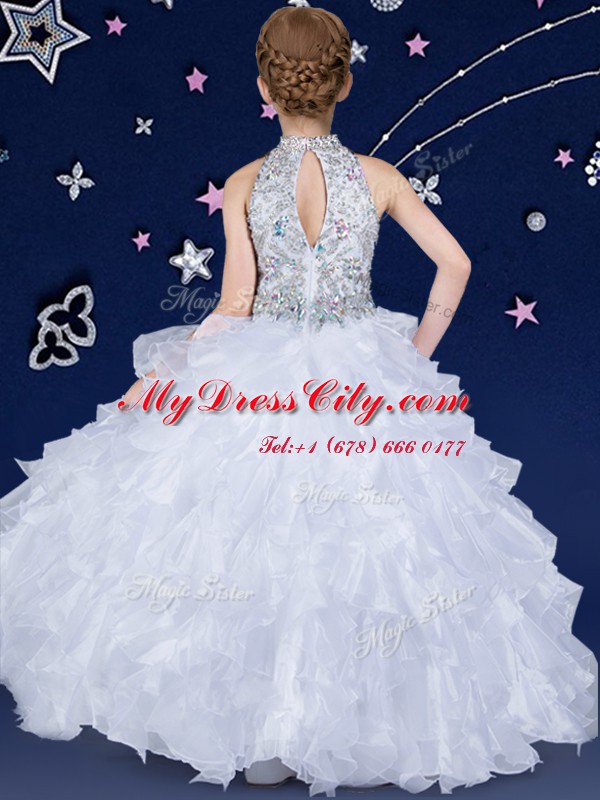 Halter Top White Sleeveless Organza Zipper Little Girls Pageant Gowns for Quinceanera and Wedding Party