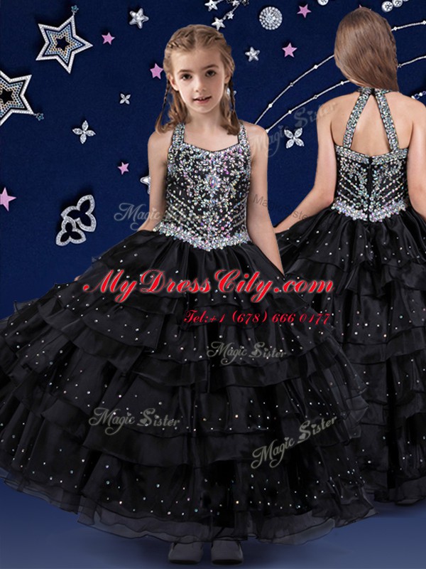 Dramatic Halter Top Floor Length Black Pageant Dress Organza Sleeveless Beading and Ruffled Layers