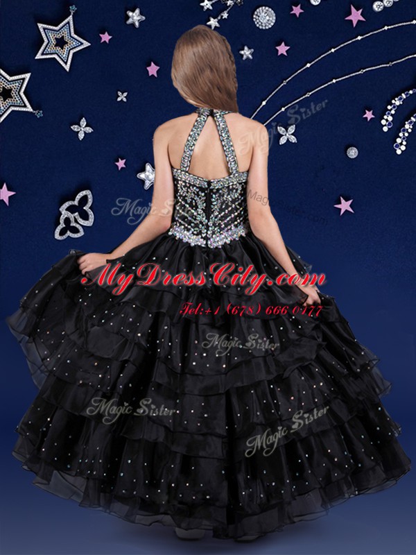 Dramatic Halter Top Floor Length Black Pageant Dress Organza Sleeveless Beading and Ruffled Layers