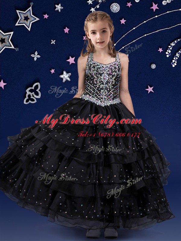 Dramatic Halter Top Floor Length Black Pageant Dress Organza Sleeveless Beading and Ruffled Layers