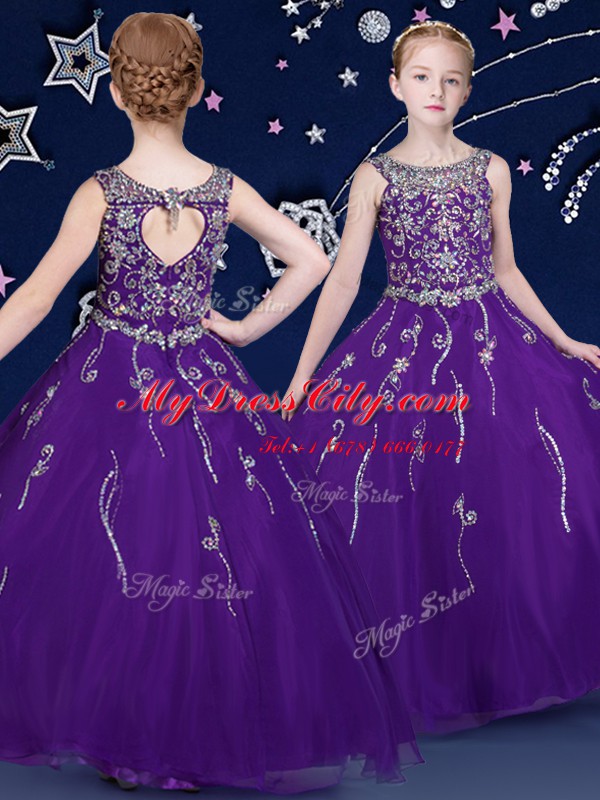 Charming Scoop Purple Sleeveless Beading Floor Length Pageant Dress Toddler