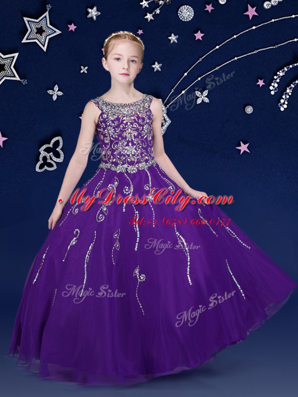 Charming Scoop Purple Sleeveless Beading Floor Length Pageant Dress Toddler