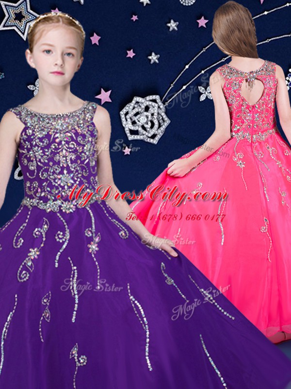 Charming Scoop Purple Sleeveless Beading Floor Length Pageant Dress Toddler