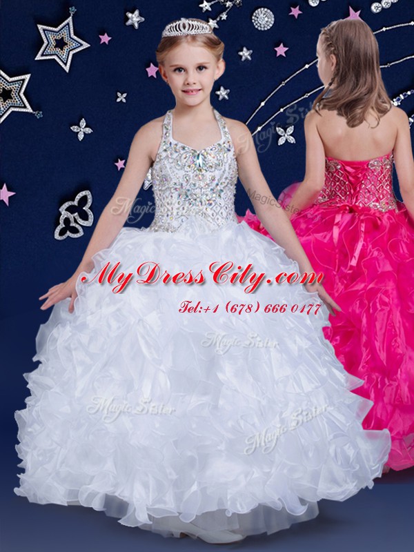 Halter Top Sleeveless Floor Length Beading and Ruffles Lace Up Flower Girl Dresses for Less with White