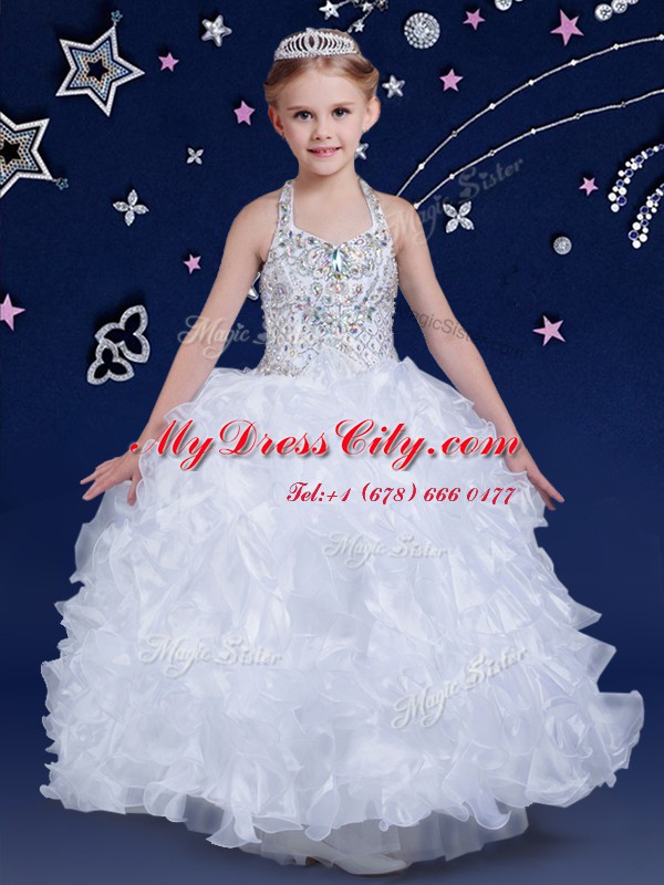 Halter Top Sleeveless Floor Length Beading and Ruffles Lace Up Flower Girl Dresses for Less with White