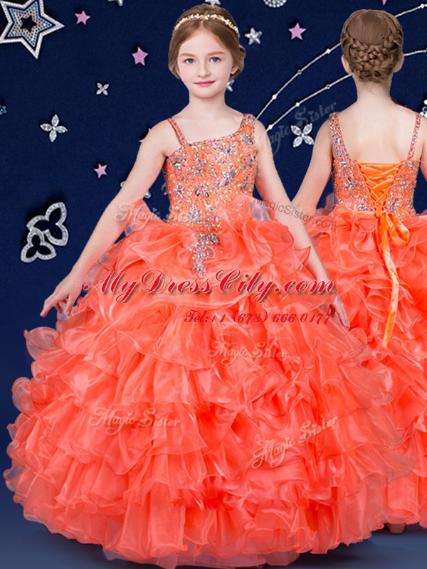 Ruffled Floor Length Orange Womens Party Dresses Asymmetric Sleeveless Lace Up