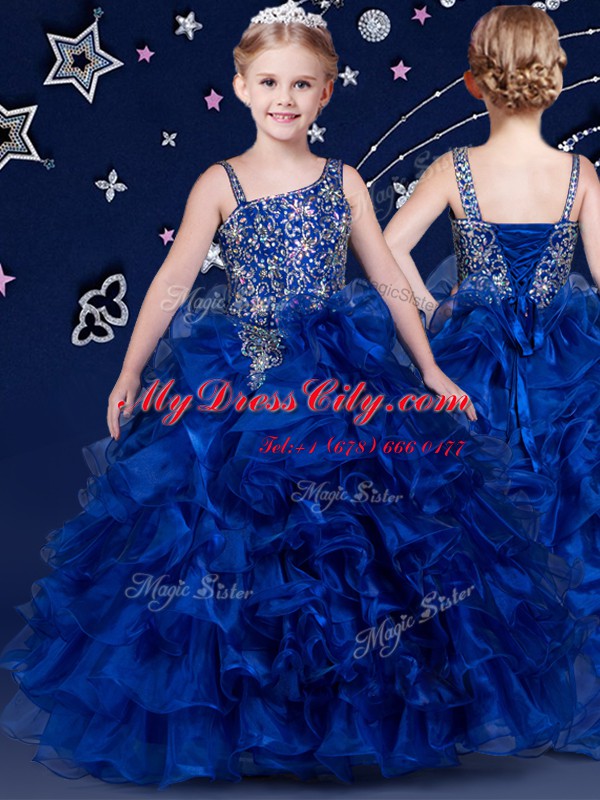 Sleeveless Lace Up Beading and Ruffles Child Pageant Dress