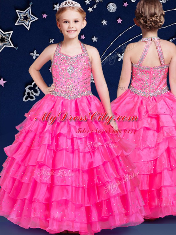 Ruffled Floor Length Hot Pink Party Dress for Girls Halter Top Sleeveless Zipper