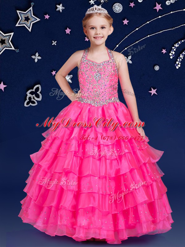 Ruffled Floor Length Hot Pink Party Dress for Girls Halter Top Sleeveless Zipper