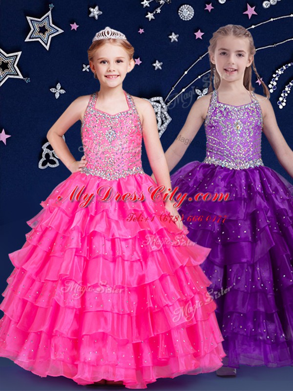 Ruffled Floor Length Hot Pink Party Dress for Girls Halter Top Sleeveless Zipper