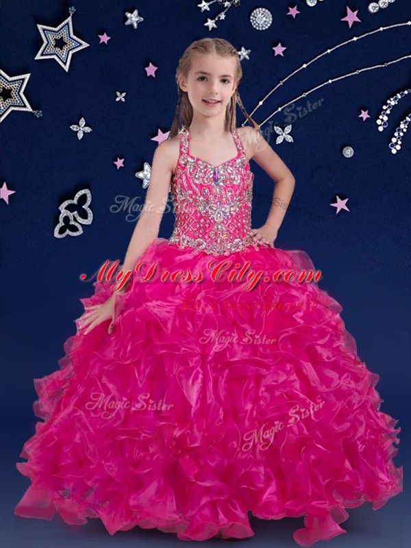 Latest Halter Top Beading and Ruffles Pageant Gowns For Girls Fuchsia Lace Up Sleeveless Floor Length