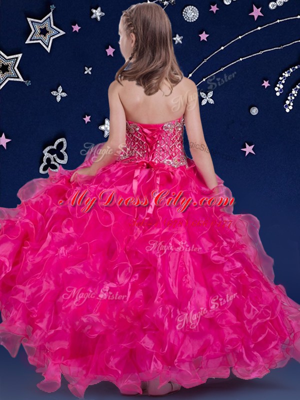 Latest Halter Top Beading and Ruffles Pageant Gowns For Girls Fuchsia Lace Up Sleeveless Floor Length