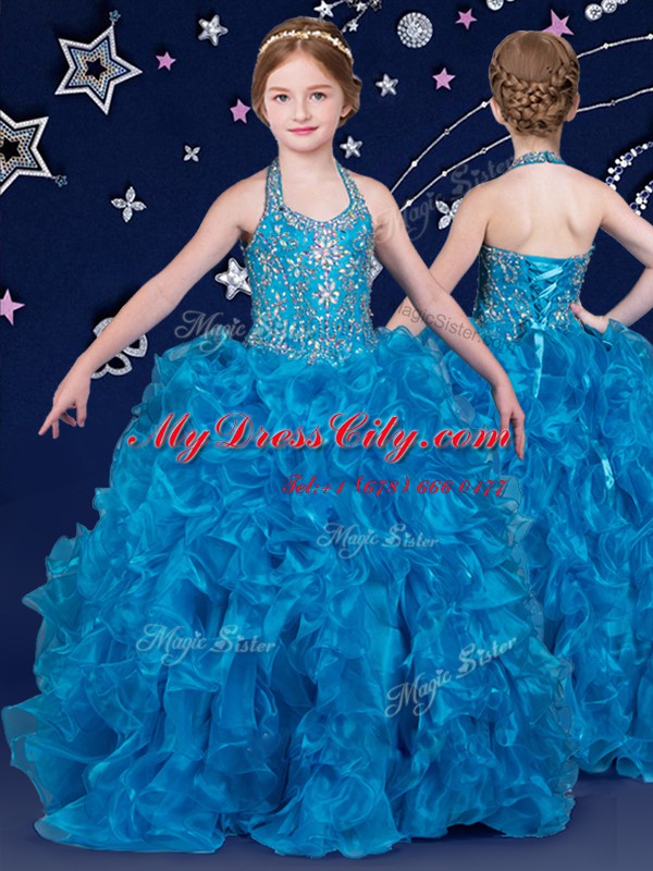 Low Price Organza Halter Top Sleeveless Lace Up Beading and Ruffles Kids Formal Wear in Blue