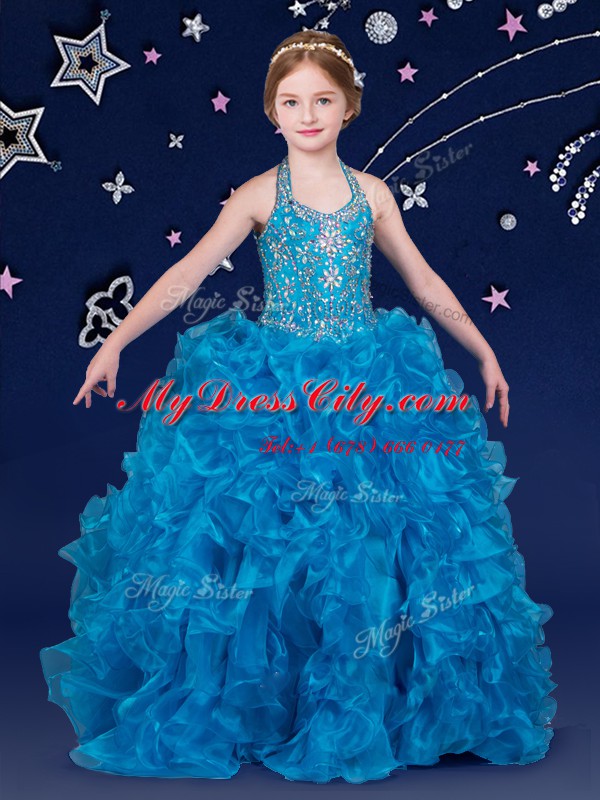 Low Price Organza Halter Top Sleeveless Lace Up Beading and Ruffles Kids Formal Wear in Blue