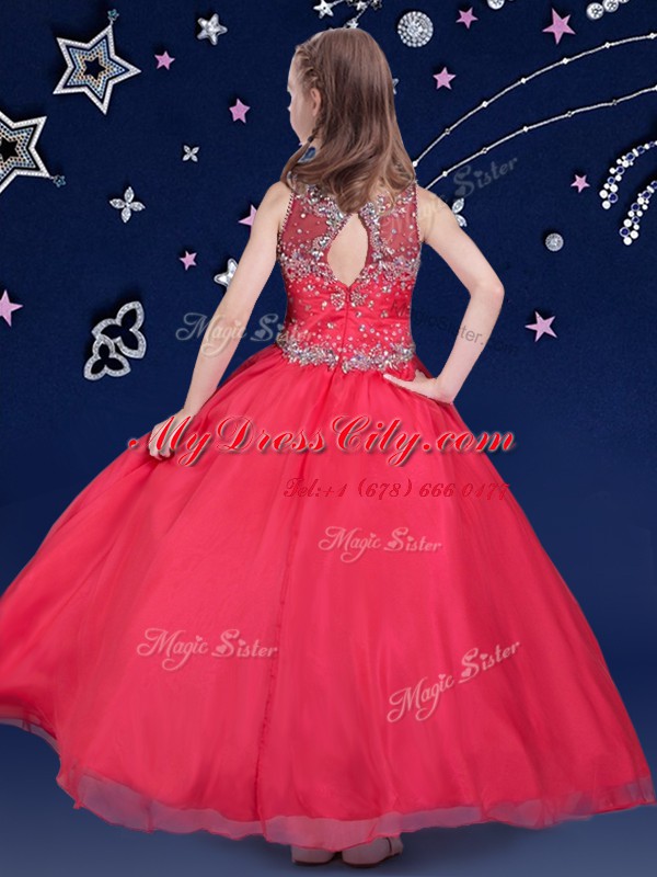 Scoop Red Sleeveless Floor Length Beading Zipper Party Dresses