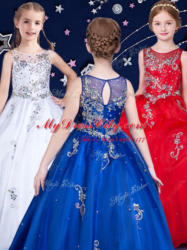 Scoop Beading Party Dress White and Red and Royal Blue Zipper Sleeveless Floor Length