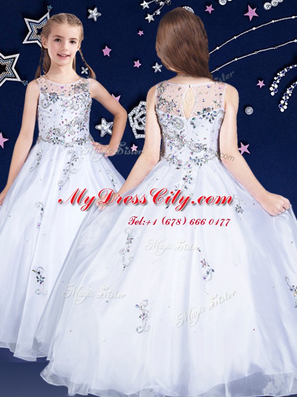 Scoop Beading Party Dress White and Red and Royal Blue Zipper Sleeveless Floor Length