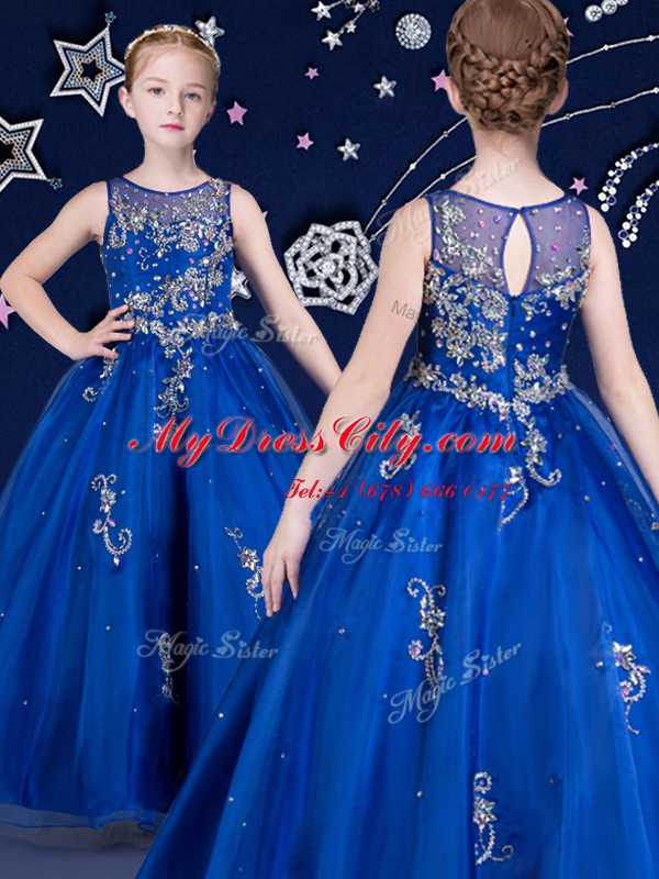 Scoop Beading Party Dress White and Red and Royal Blue Zipper Sleeveless Floor Length