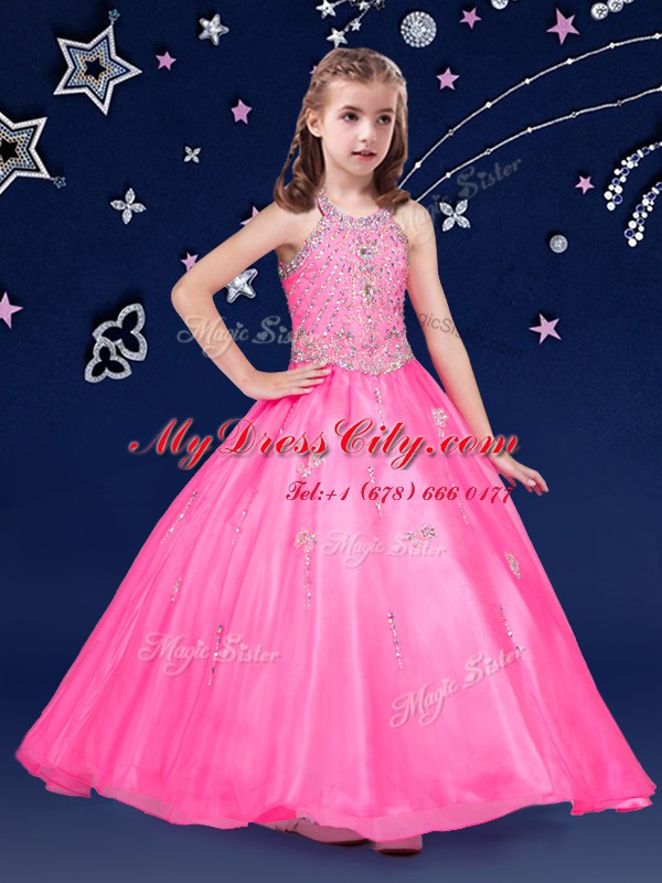 Halter Top Floor Length Hot Pink Little Girls Pageant Dress Organza Sleeveless Beading