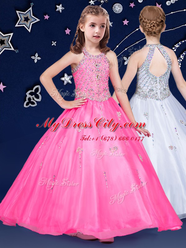 Halter Top Floor Length Hot Pink Little Girls Pageant Dress Organza Sleeveless Beading