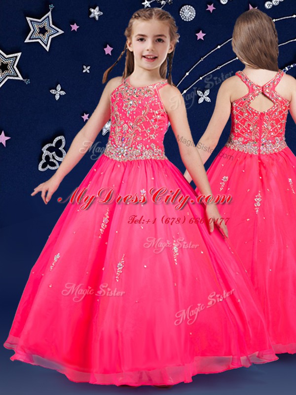 Scoop Sleeveless Zipper Floor Length Beading Juniors Party Dress