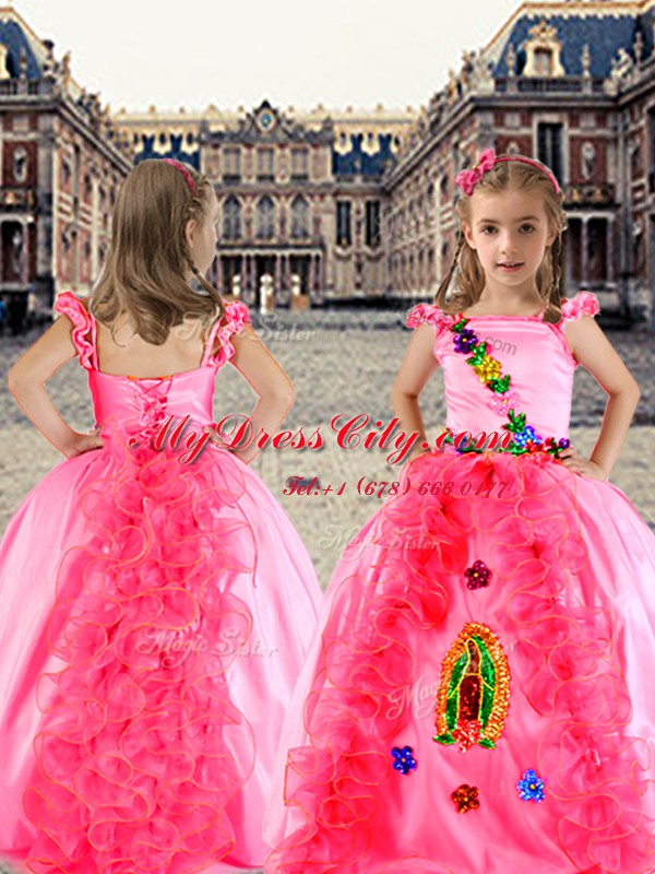 Great Rose Pink Ball Gowns Organza and Taffeta Spaghetti Straps Cap Sleeves Beading and Appliques and Ruffles Floor Length Lace Up Juniors Party Dress