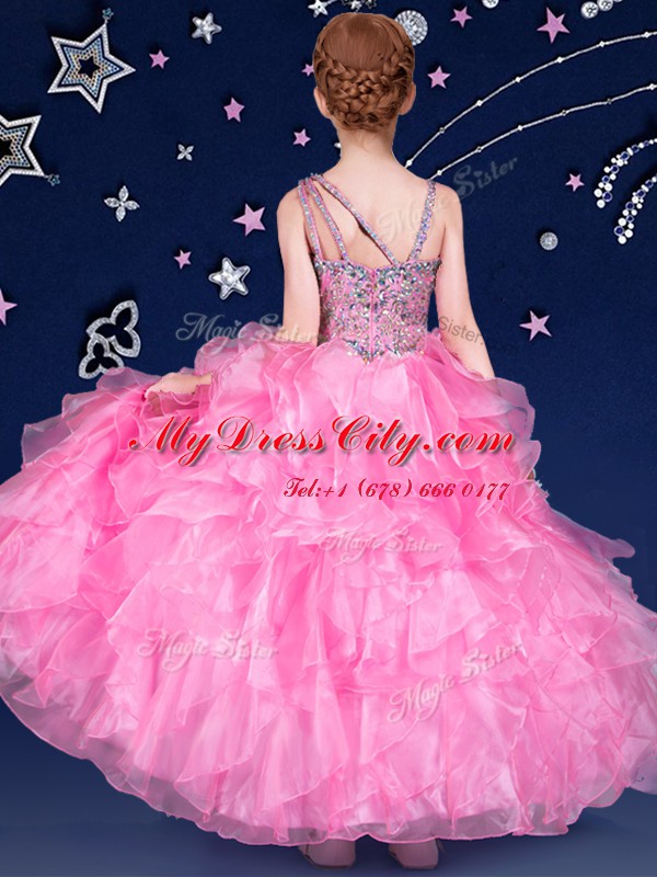 Super Beading and Ruffles Pageant Dress for Teens Rose Pink Zipper Sleeveless Floor Length