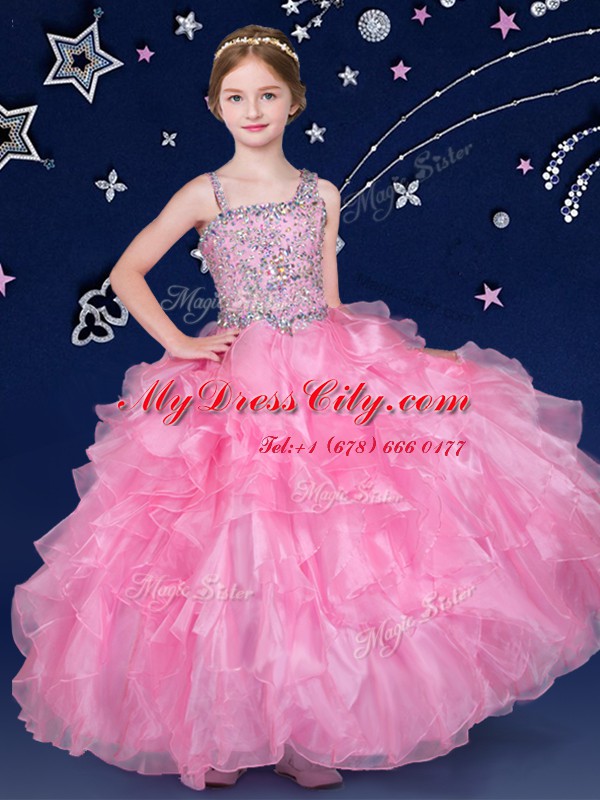 Super Beading and Ruffles Pageant Dress for Teens Rose Pink Zipper Sleeveless Floor Length