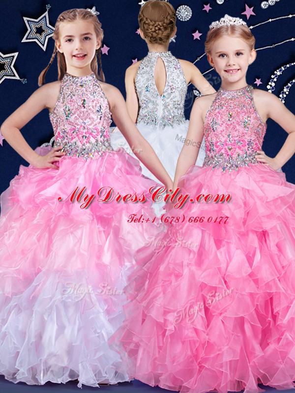 Halter Top Sleeveless Pageant Gowns Floor Length Beading and Ruffles White and Pink And White Organza