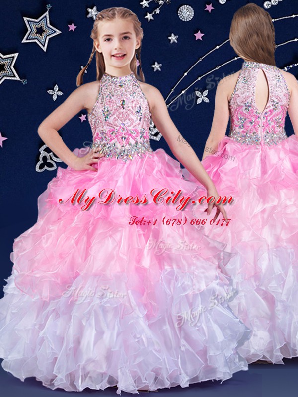 Halter Top Sleeveless Pageant Gowns Floor Length Beading and Ruffles White and Pink And White Organza