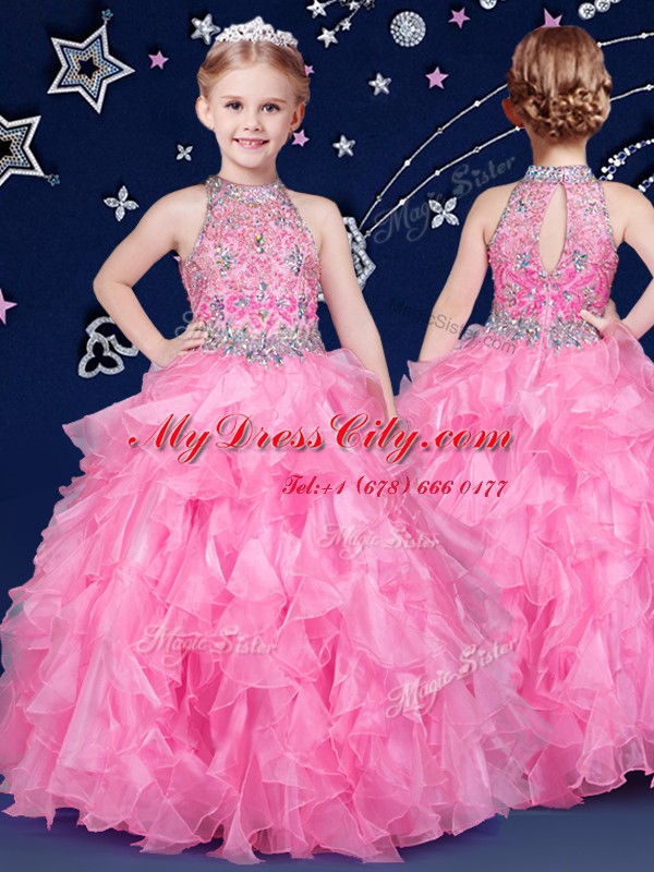 Halter Top Sleeveless Pageant Gowns Floor Length Beading and Ruffles White and Pink And White Organza