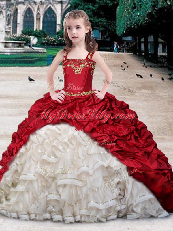 Dramatic White and Wine Red Straps Neckline Beading and Appliques and Ruffles and Pick Ups High School Pageant Dress Sleeveless Lace Up