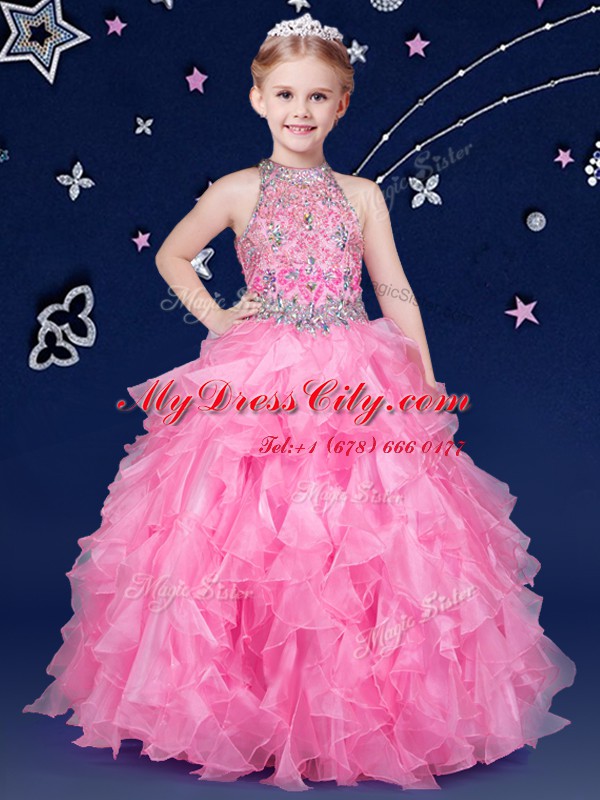 Halter Top Floor Length Rose Pink Juniors Party Dress Organza Sleeveless Beading and Ruffles