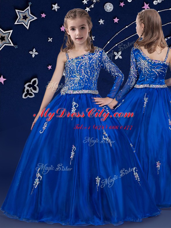 New Style Royal Blue Sleeveless Floor Length Beading Zipper Kids Pageant Dress