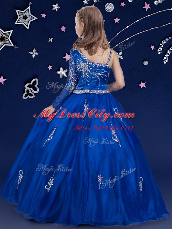 New Style Royal Blue Sleeveless Floor Length Beading Zipper Kids Pageant Dress