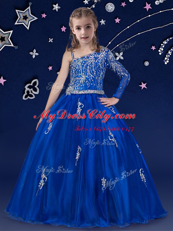 New Style Royal Blue Sleeveless Floor Length Beading Zipper Kids Pageant Dress