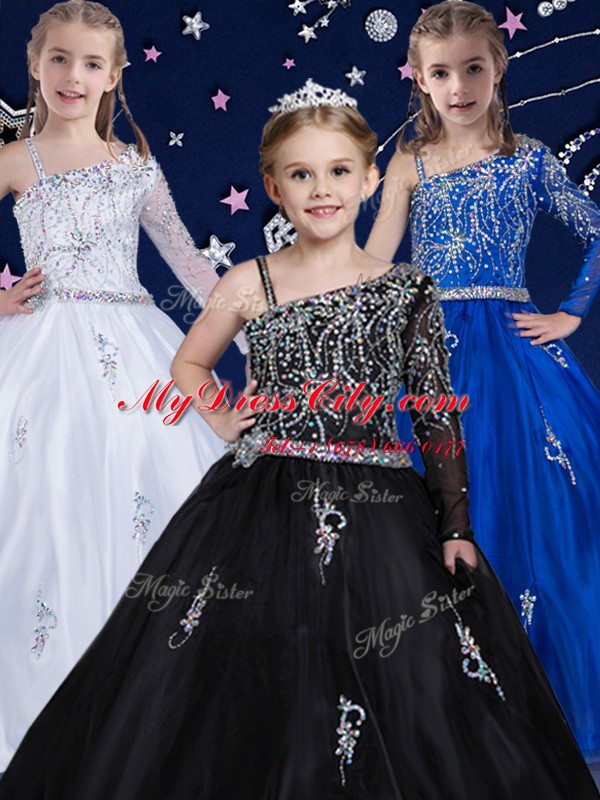 New Style Royal Blue Sleeveless Floor Length Beading Zipper Kids Pageant Dress